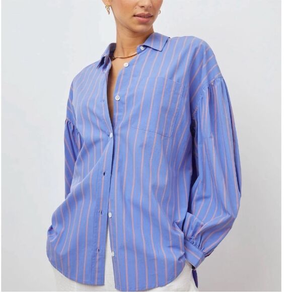 Rails‎ Blue Button Down Puff Sleeve Janae in Lima Stripe Sz XS - Picture 1 of 16